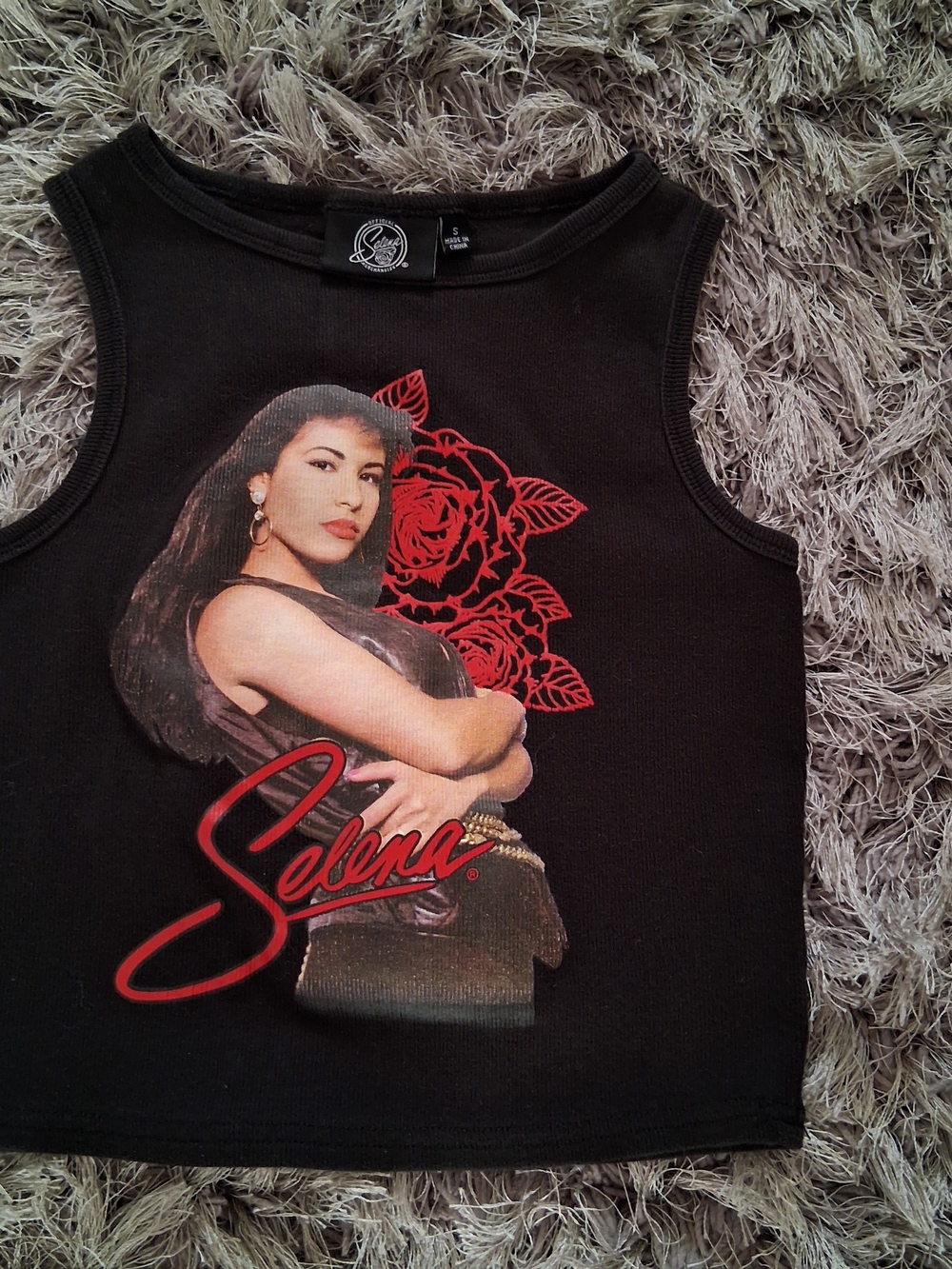 Selena Graphic Ribbed Black Tank Top with Red Rose Detail